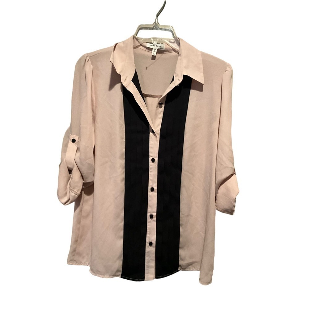 Monteau Button Up Shirt Women's L Cream‎ Long Roll Tab Sleeve Polyester Collared